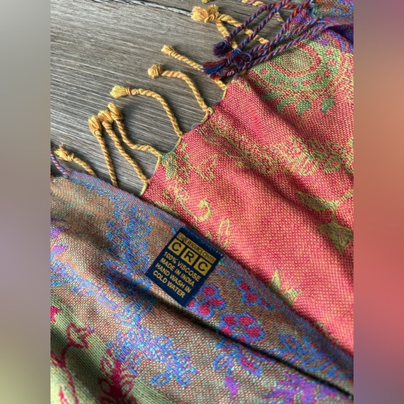 VTG Neck Scarf Made In India Boho Hippie Multi Color Pink Purple Green Fringe - Picture 4 of 6